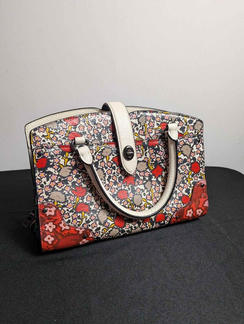 Coach Floral Multicolor Leather Satchel in Cream, Red, Pink, Yellow